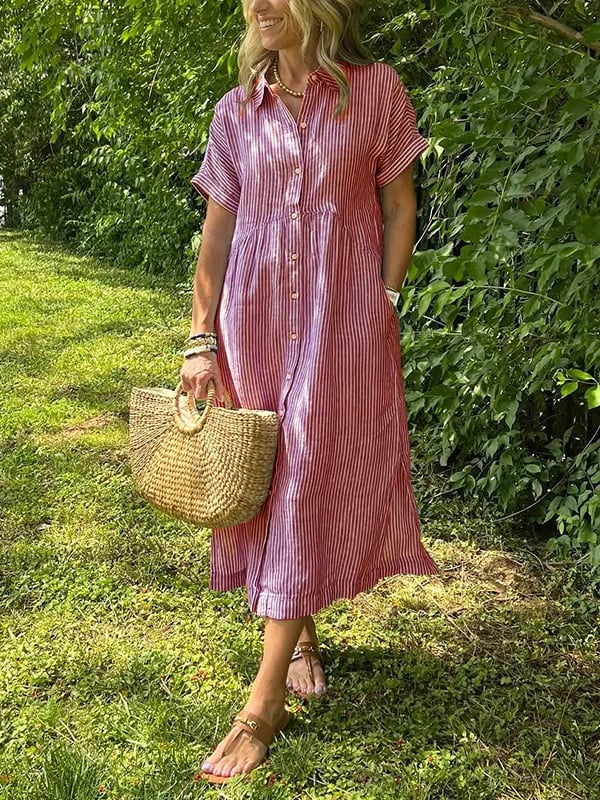 Marina™ Elegant Striped Maxi Shirt Dress with Pockets