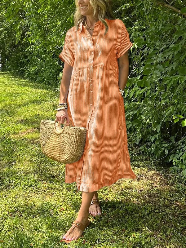 Marina™ Elegant Striped Maxi Shirt Dress with Pockets
