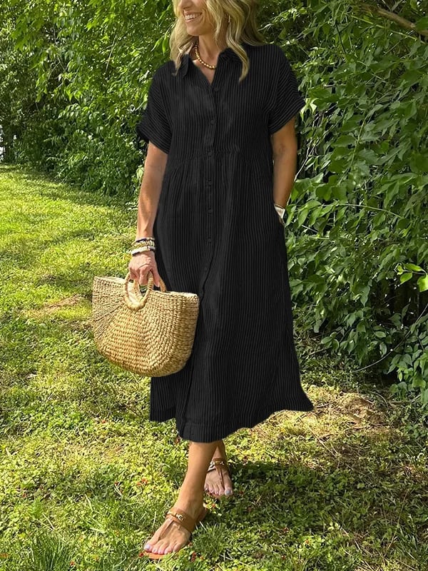 Marina™ Elegant Striped Maxi Shirt Dress with Pockets
