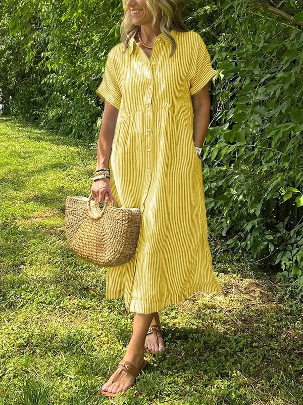 Marina™ Elegant Striped Maxi Shirt Dress with Pockets