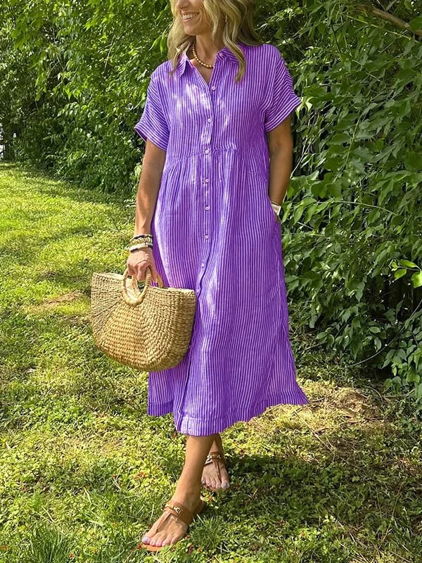 Marina™ Elegant Striped Maxi Shirt Dress with Pockets