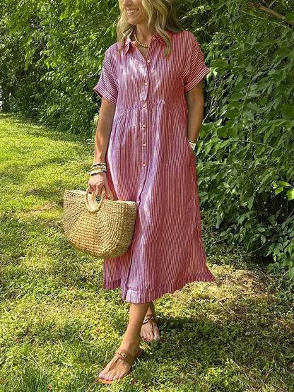 Marina™ Elegant Striped Maxi Shirt Dress with Pockets