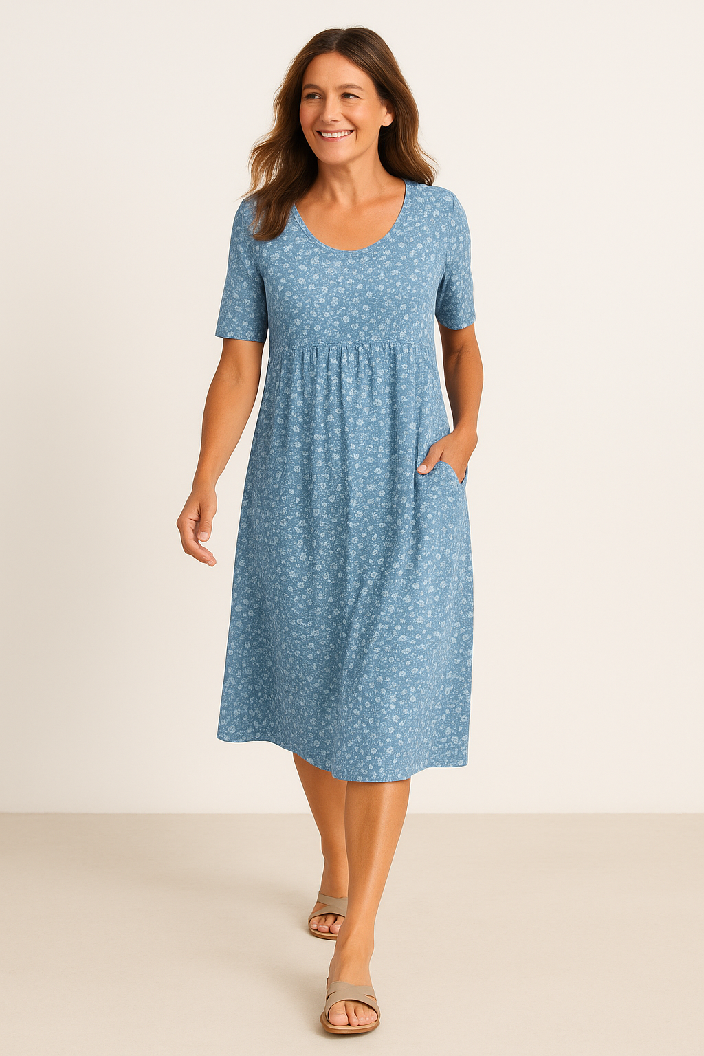 Marie Louisa  Effortless Floral Midi Dress - Covers upper arms & tummy