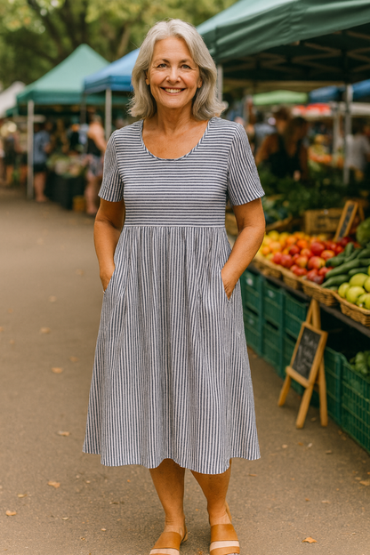 Anna  Striped Midi Dress – Effortless Comfort, Everyday Confidence
