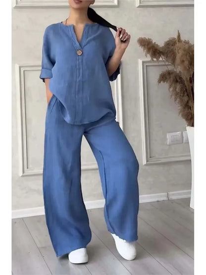 Solange  V-Neck Long Sleeve Top & Wide-Leg Pants Set