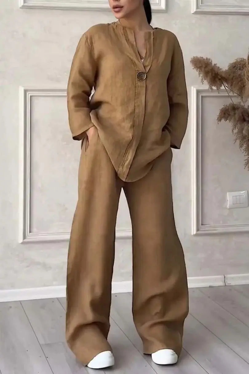 Solange  V-Neck Long Sleeve Top & Wide-Leg Pants Set