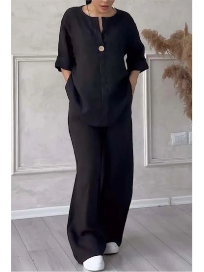 Solange  V-Neck Long Sleeve Top & Wide-Leg Pants Set