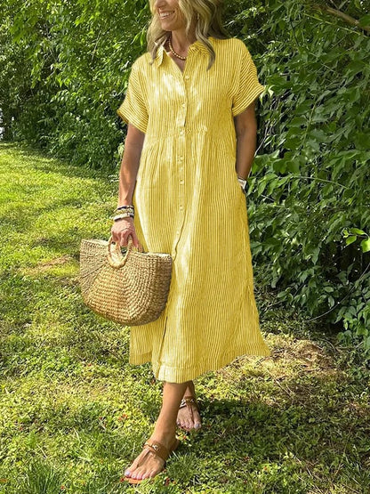 Marina™ Elegant Striped Maxi Shirt Dress with Pockets