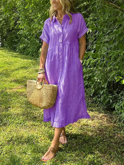 Marina™ Elegant Striped Maxi Shirt Dress with Pockets